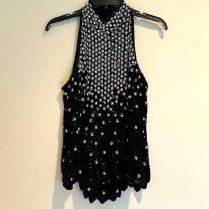 Laurence Kazar New York Pearl beaded High neck collar blouse top scalloped hem